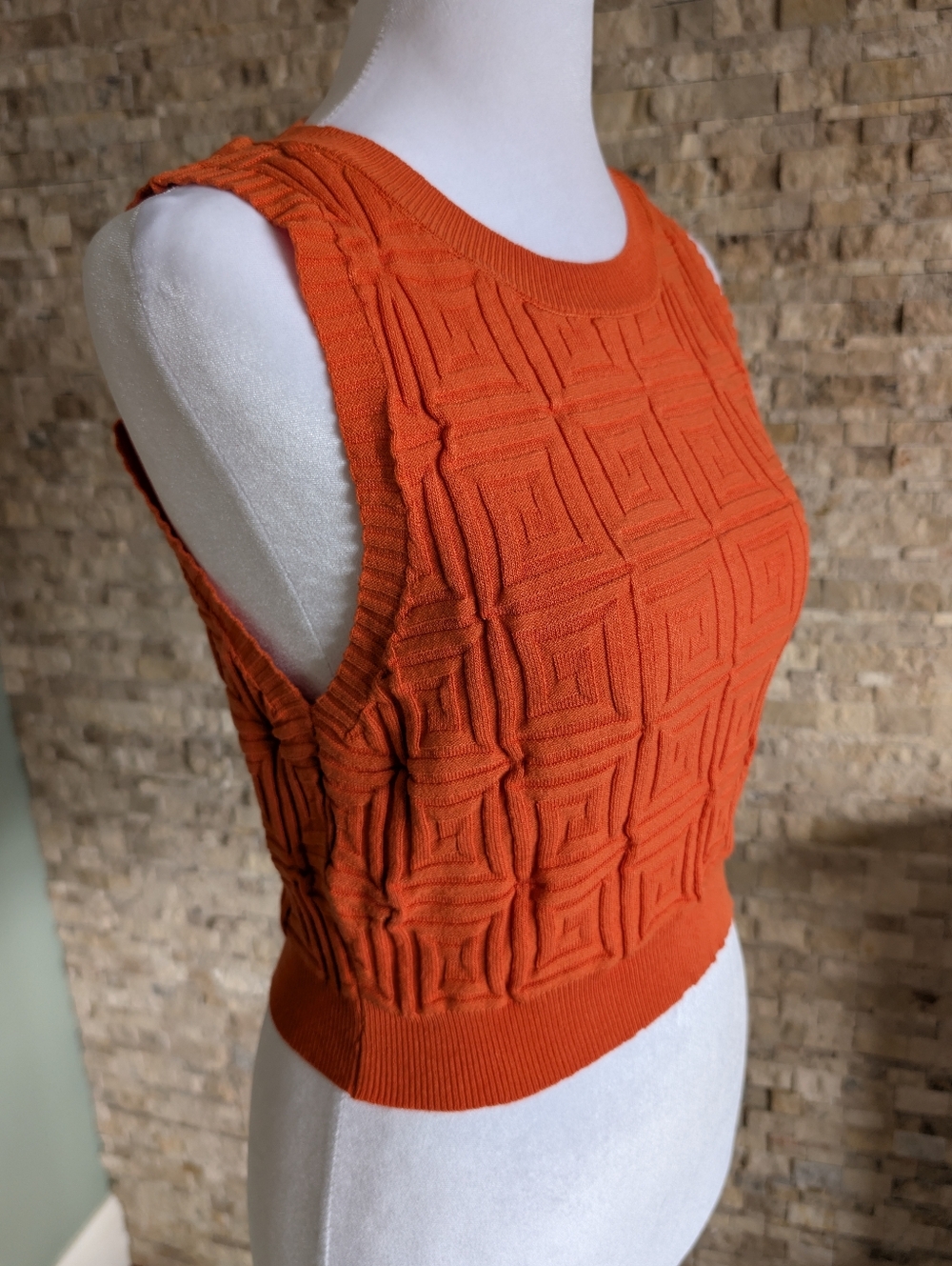 Orange Geometric Knit Sleeveless Sweater Crop Top Sz S Dopamine Kidcore Retro image 3